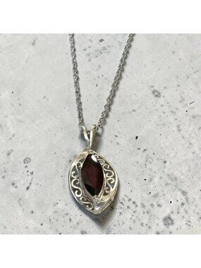 Vintage 925 Sterling Silver Necklace With Red Gemstone Pendant 18-Inch Chain